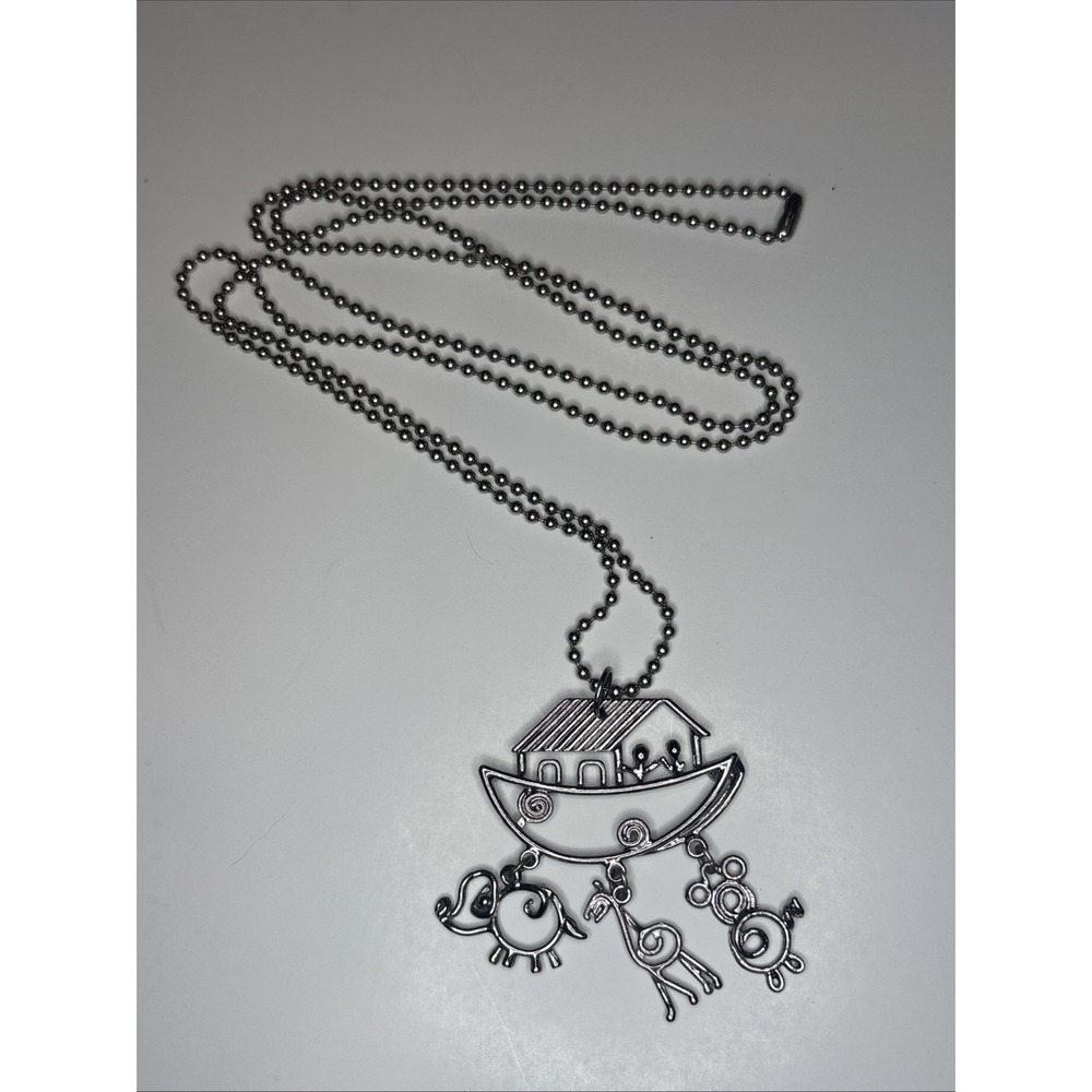 Vintage Noah's Ark Pendant Necklace Ball Chain Animal Charms Silver Tone 35"